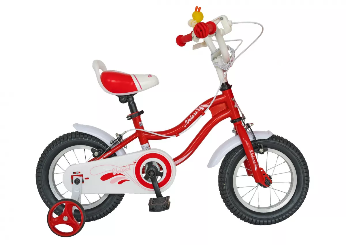 Bicicleta copii 12" VELORS V1202A, cadru otel, culoare rosu/alb, roti ajutatoare, varsta 2-4 ani - RESIGILATA