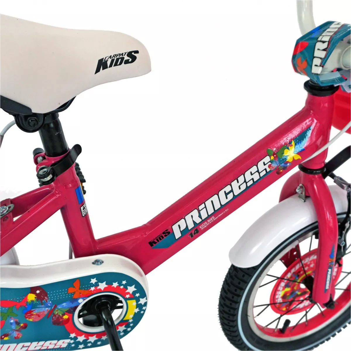 Bicicleta fete CARPAT PRINCESS C1608C, roata 16", V-Brake, roti ajutatoare, 4-6 ani, fucsia/alb 
