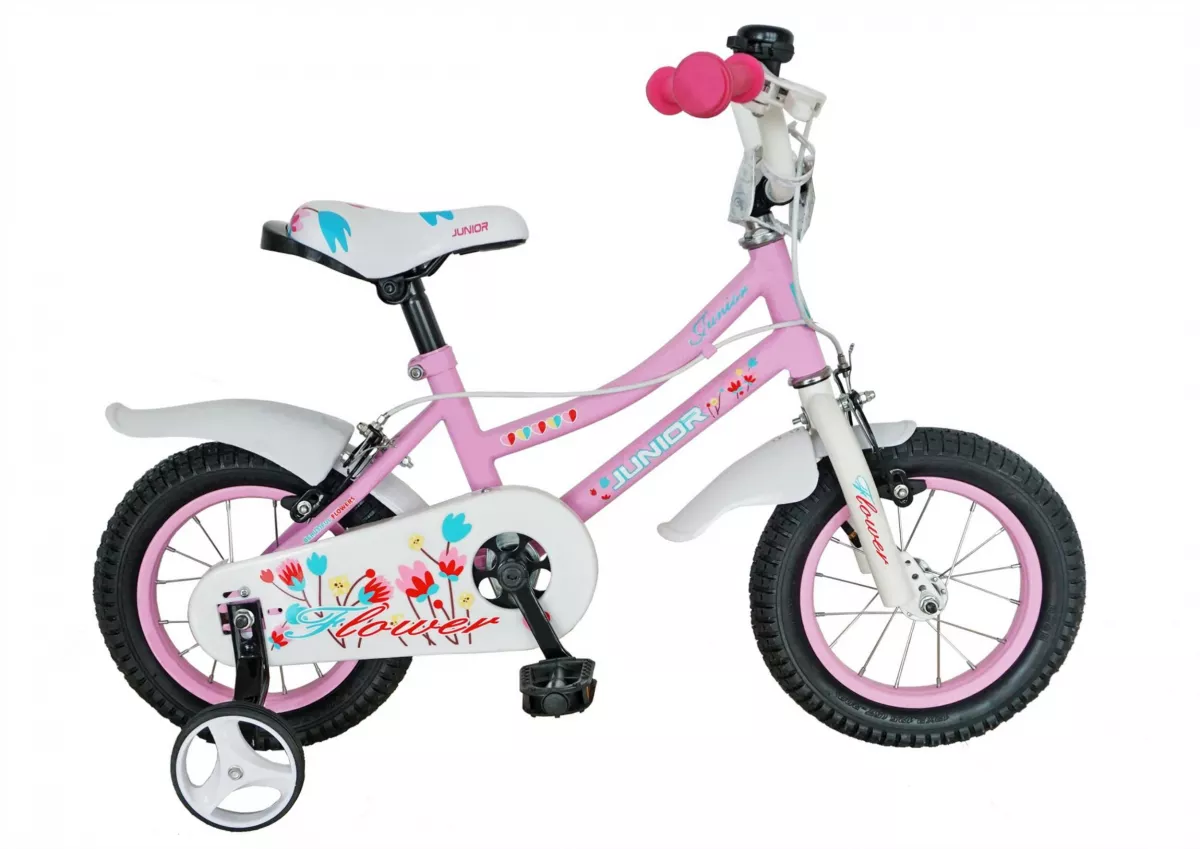 Bicicleta copii JUNIOR 12" J1202A, cadru otel, culoare roz  / alb, roti ajutatoare, varsta 2-4 ani - RESIGILATA