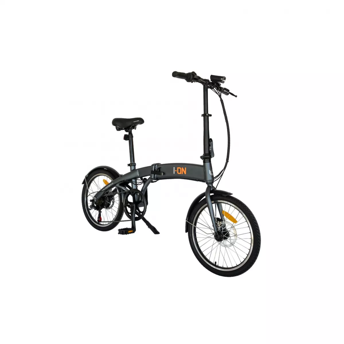 Bicicleta electrica (E-BIKE) pliabila I-ON I1004E, roata 20 inch,  cadru aluminiu, frane mecanice disc, echipare SHIMANO 6 viteze, culoare gri/portocaliu
