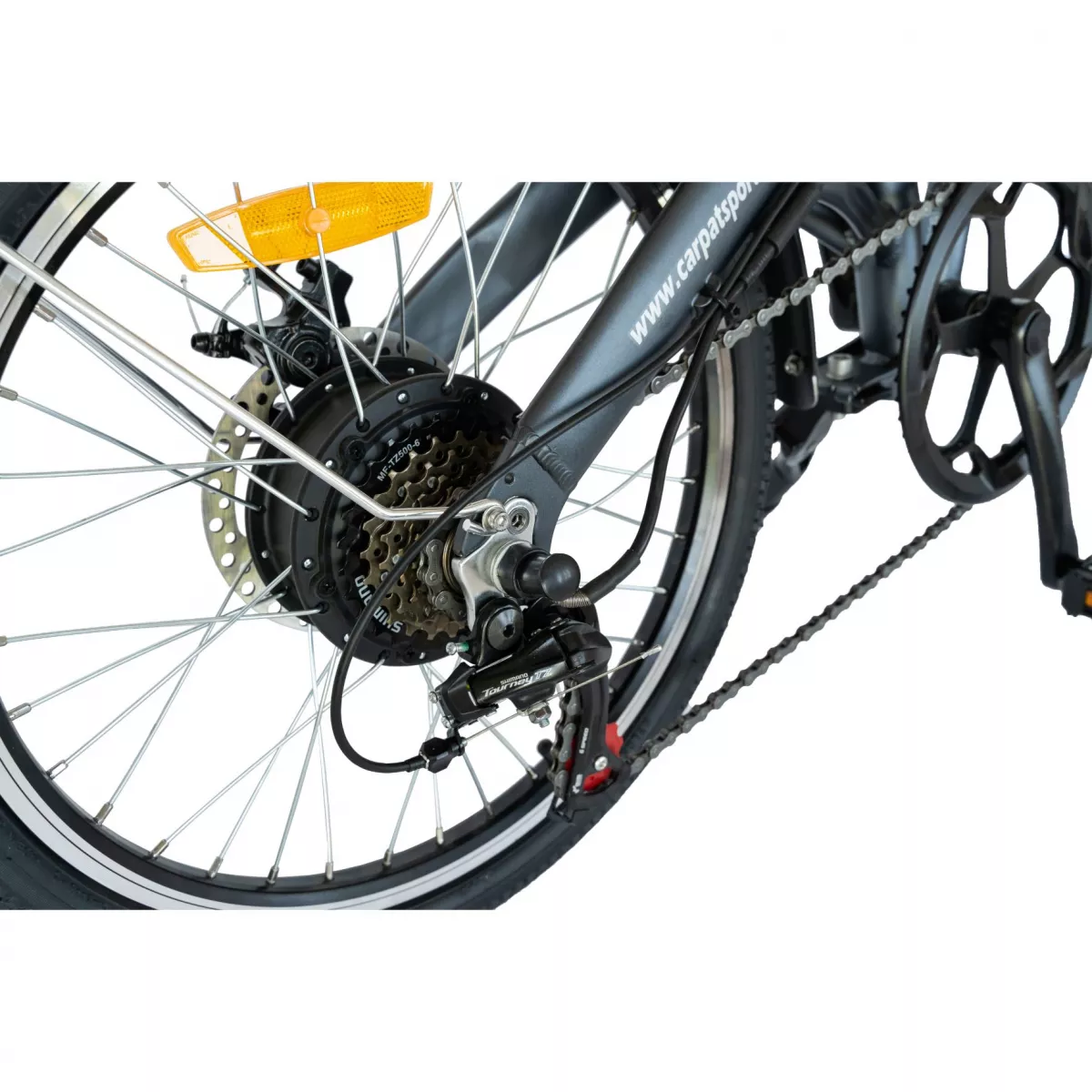 Bicicleta electrica (E-BIKE) pliabila I-ON I1004E, roata 20 inch,  cadru aluminiu, frane mecanice disc, echipare SHIMANO 6 viteze, culoare gri/portocaliu