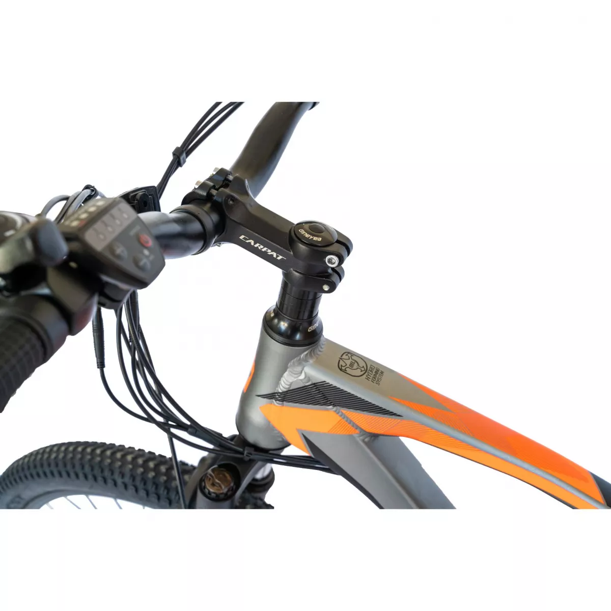 Bicicleta electrica MTB (E-BIKE) CARPAT 27.5" C1009E, cadru aluminiu, frane mecanice disc, transmisie SHIMANO 21 viteze, culoare gri/portocaliu 