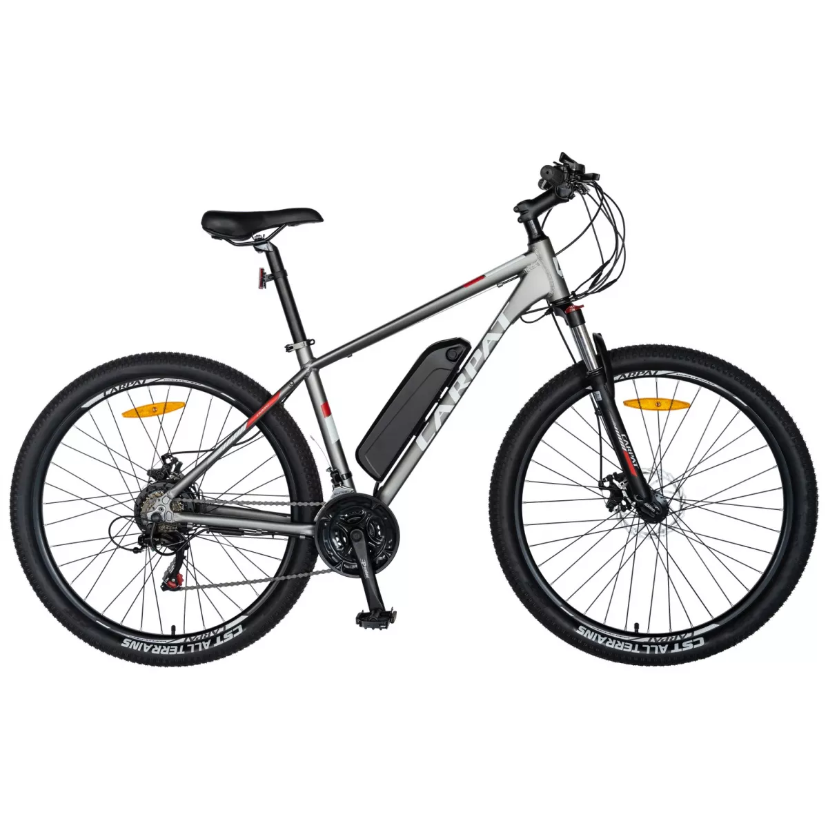 Bicicleta electrica MTB (E-BIKE) CARPAT 27.5" C1011E, cadru aluminiu, frane mecanice disc, transmisie SHIMANO 21 viteze, culoare gri/alb