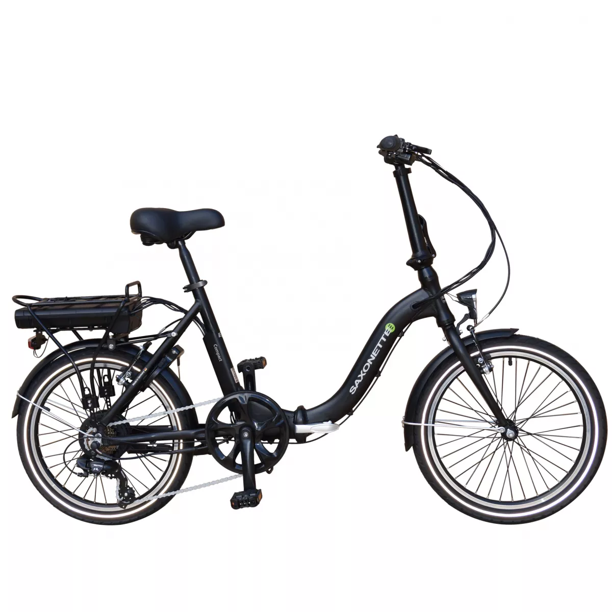 Bicicleta electrica pliabila compact E-BIKE SAXONETTE, roata 20 inch, cadru aluminiu, transmisie SHIMANO 7 viteze, culoare negru