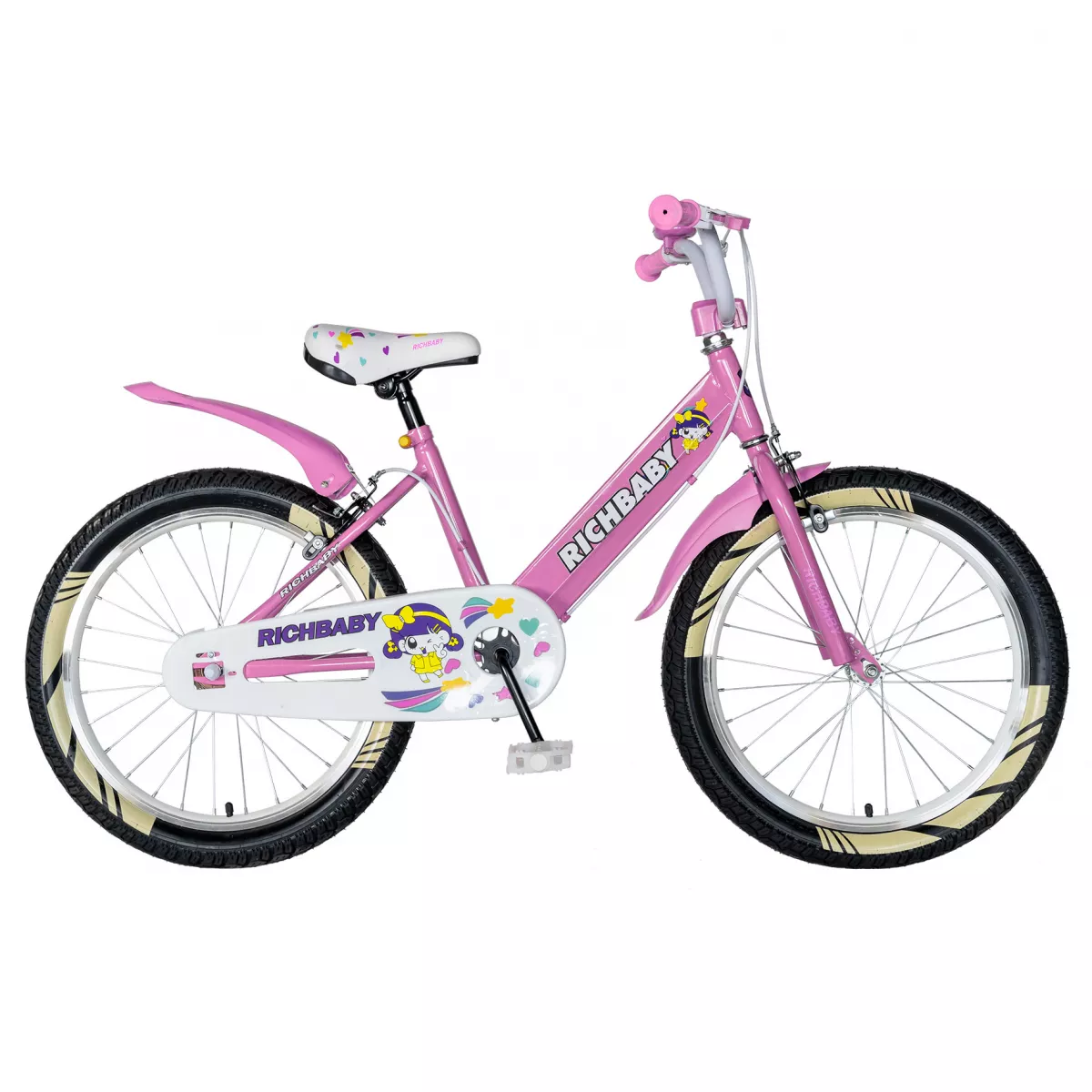 Bicicleta fete 20 inch Rich Baby R2008A, frana C-Brake otel, culoare roz/alb, varsta 7-10 ani 