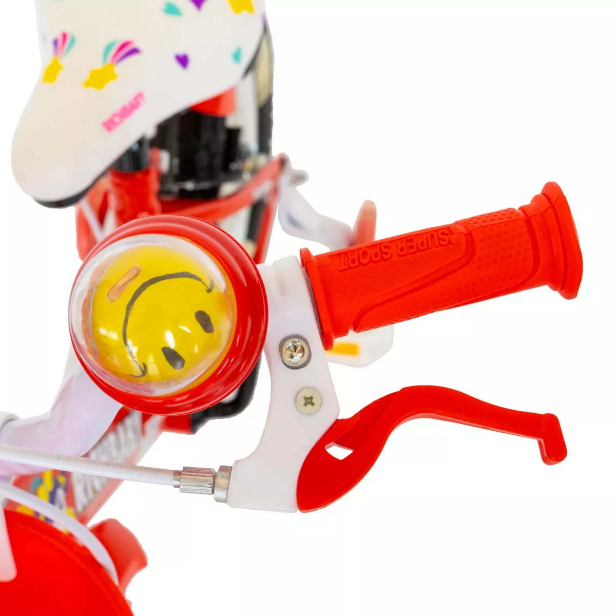 Bicicleta fete Rich Baby R1408A, roata 14", C-Brake, roti ajutatoare cu LED, 3-5 ani, rosu/alb