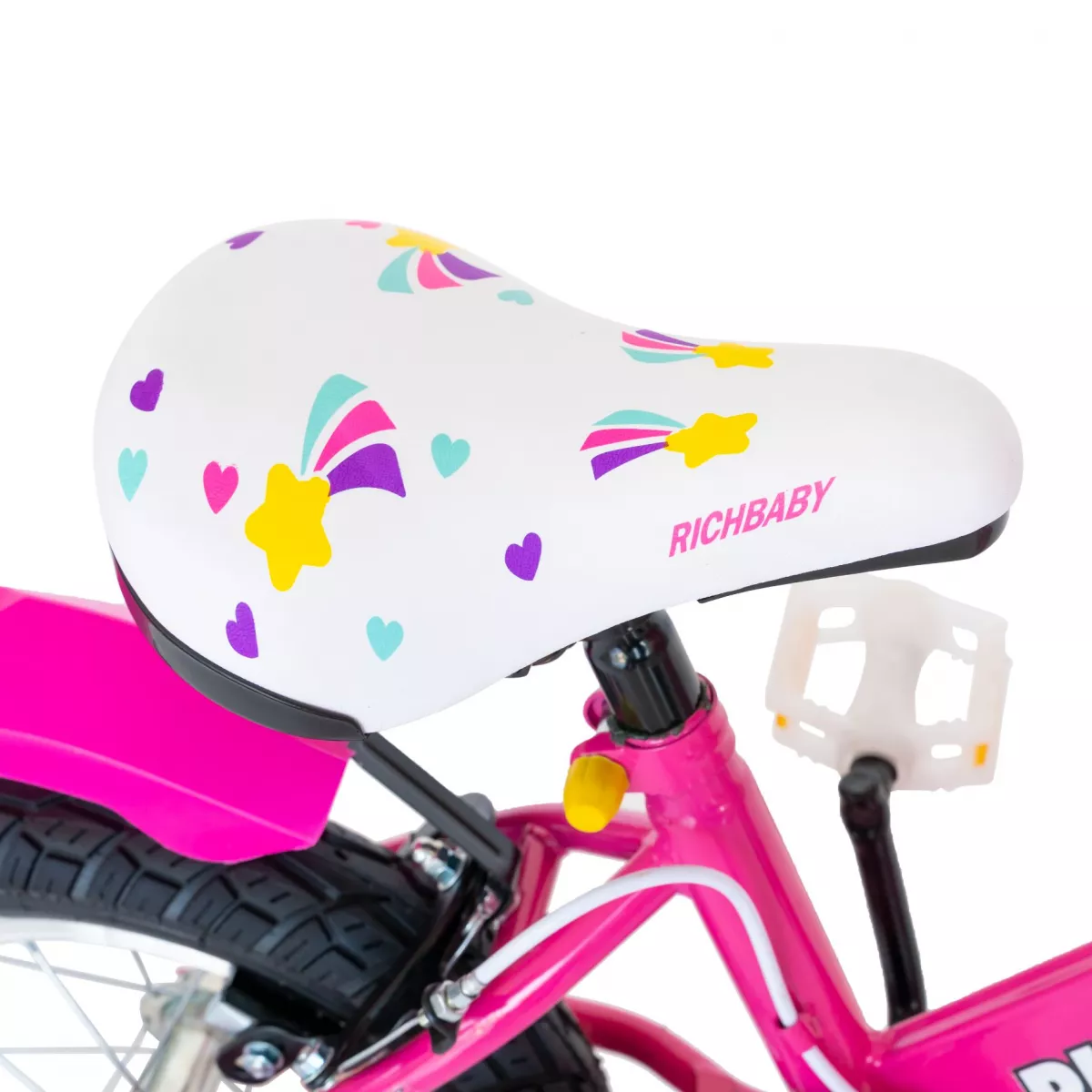 Bicicleta fete Rich Baby R1408A, roata 14", C-Brake, roti ajutatoare cu LED, 3-5 ani, fucsia/alb 