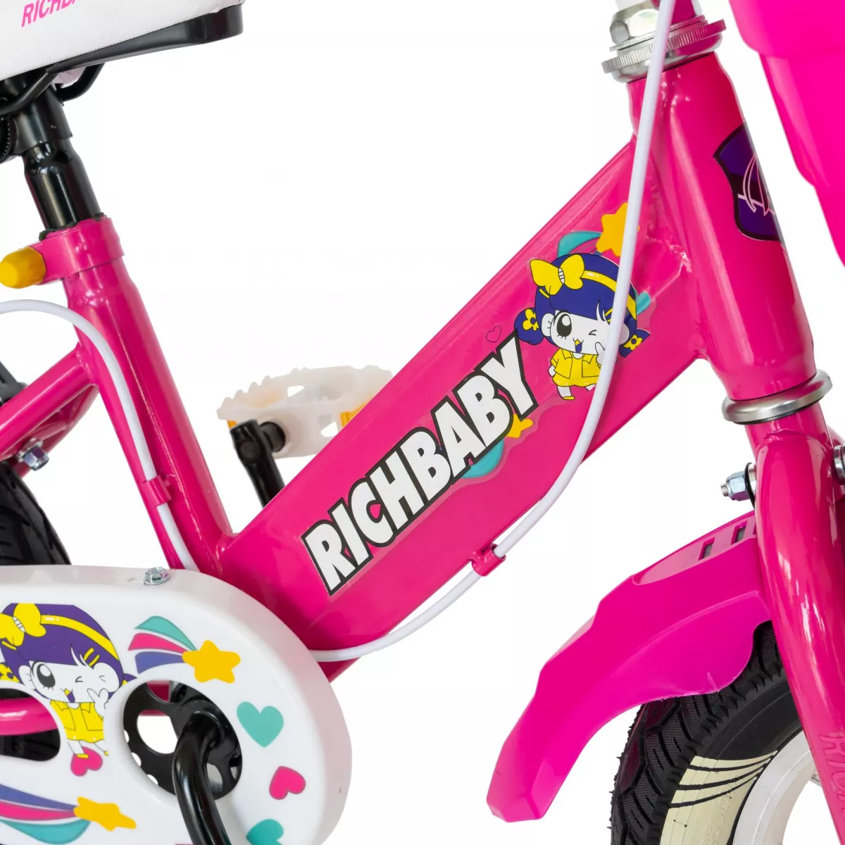 Bicicleta fete Rich Baby R1408A, roata 14", C-Brake, roti ajutatoare cu LED, 3-5 ani, fucsia/alb 