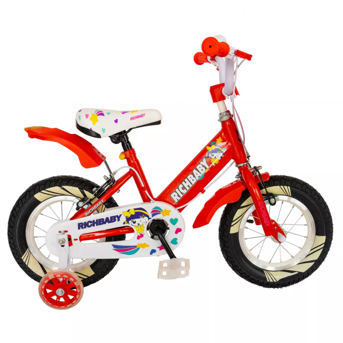 Bicicleta fete Rich Baby R1408A, roata 14", C-Brake, roti ajutatoare cu LED, 3-5 ani, rosu/alb
