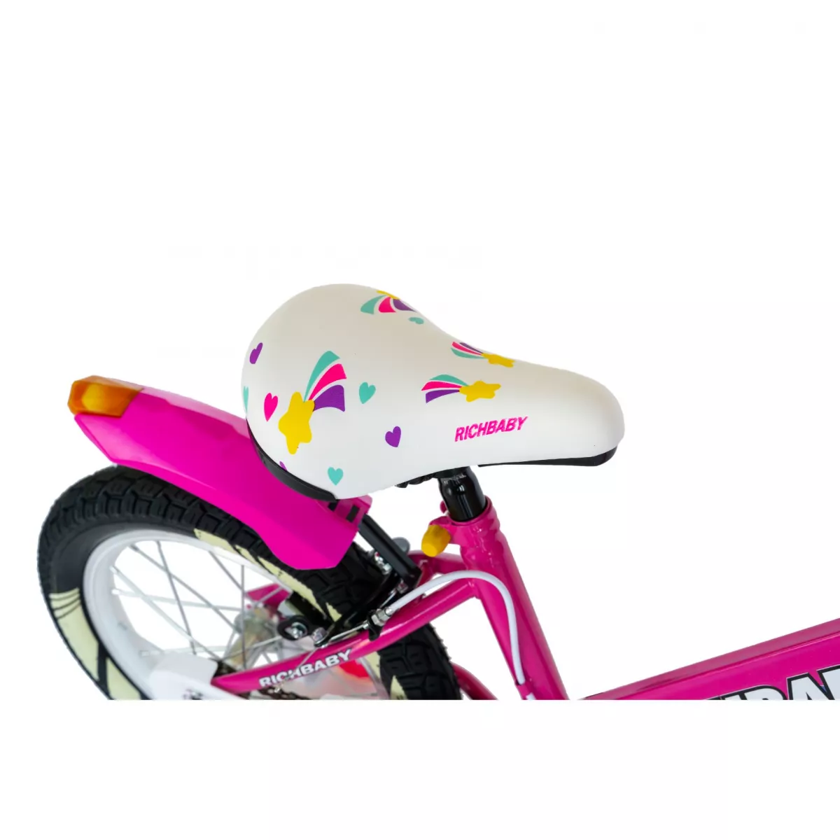 Bicicleta fete Rich Baby R1808A, roata 18", C-Brake otel, roti ajutatoare cu LED, 5-7 ani, fucsia/alb 