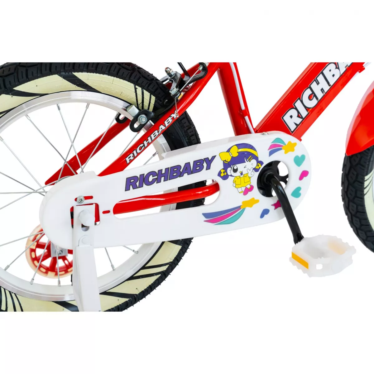 Bicicleta fete Rich Baby R1808A, roata 18", C-Brake otel, roti ajutatoare cu LED, 5-7 ani, rosu/alb 