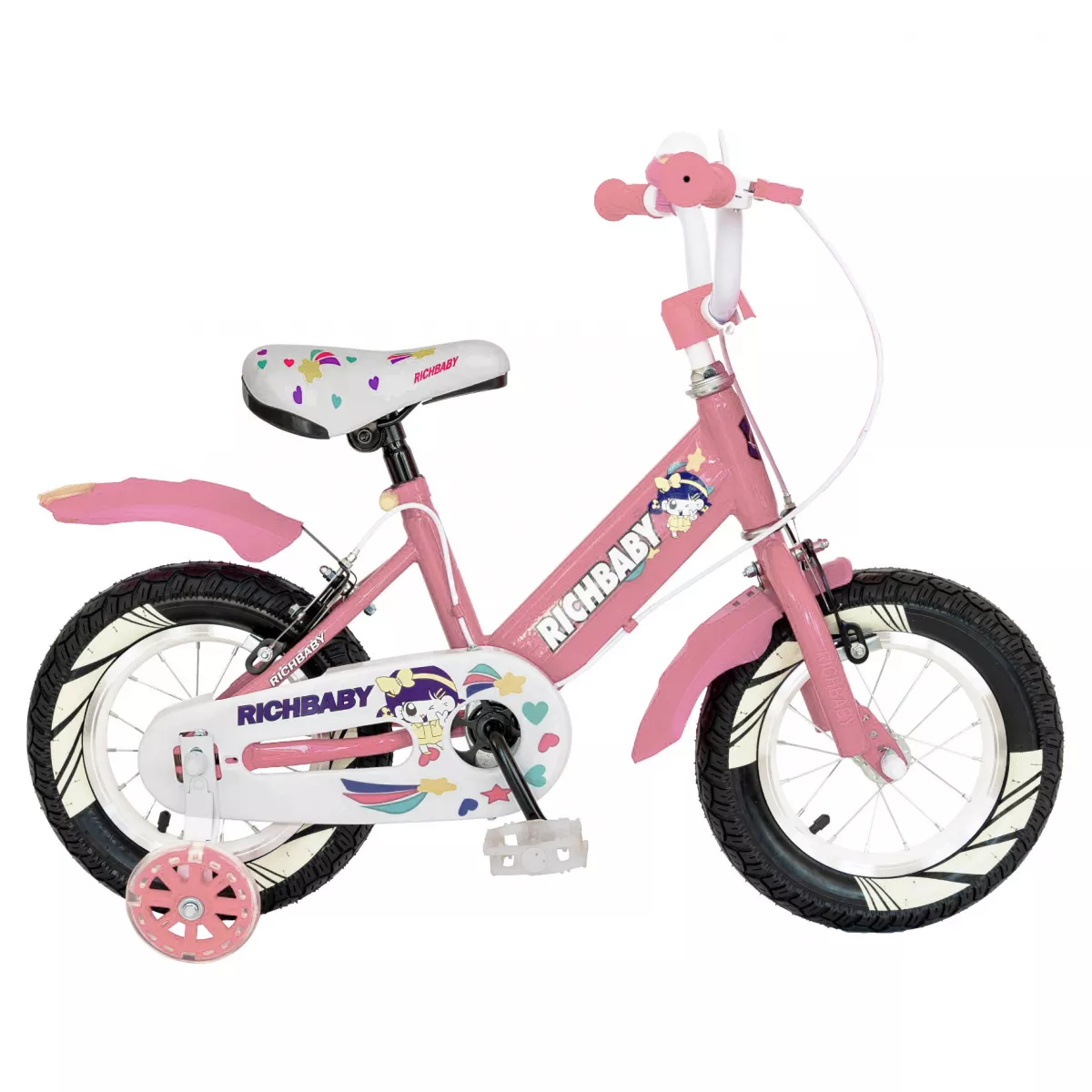 Bicicleta fete Rich Baby R1808A, roata 18", C-Brake otel, roti ajutatoare cu LED, 5-7 ani, roz/alb