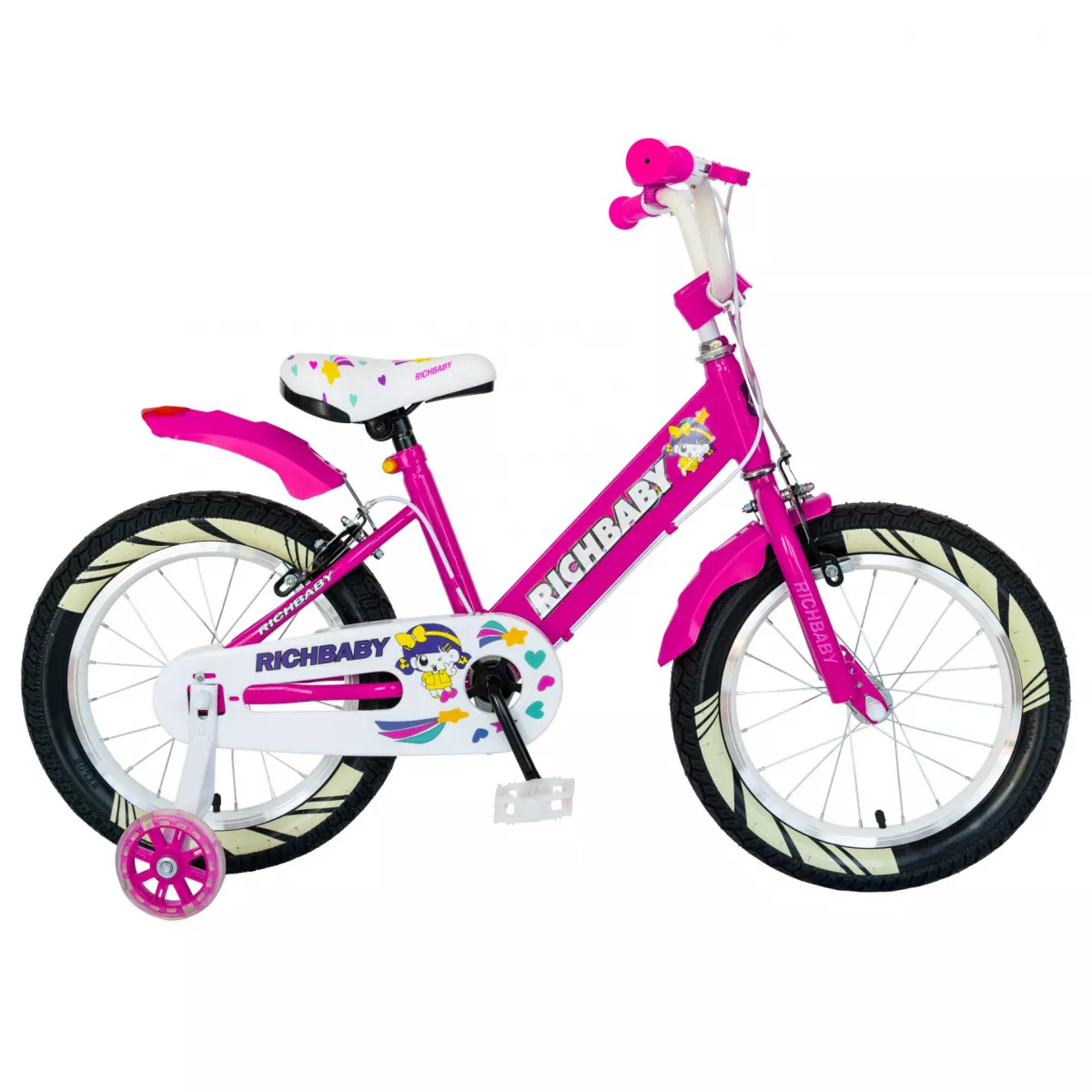 Bicicleta fete Rich Baby R1808A, roata 18", C-Brake otel, roti ajutatoare cu LED, 5-7 ani, fucsia/alb 