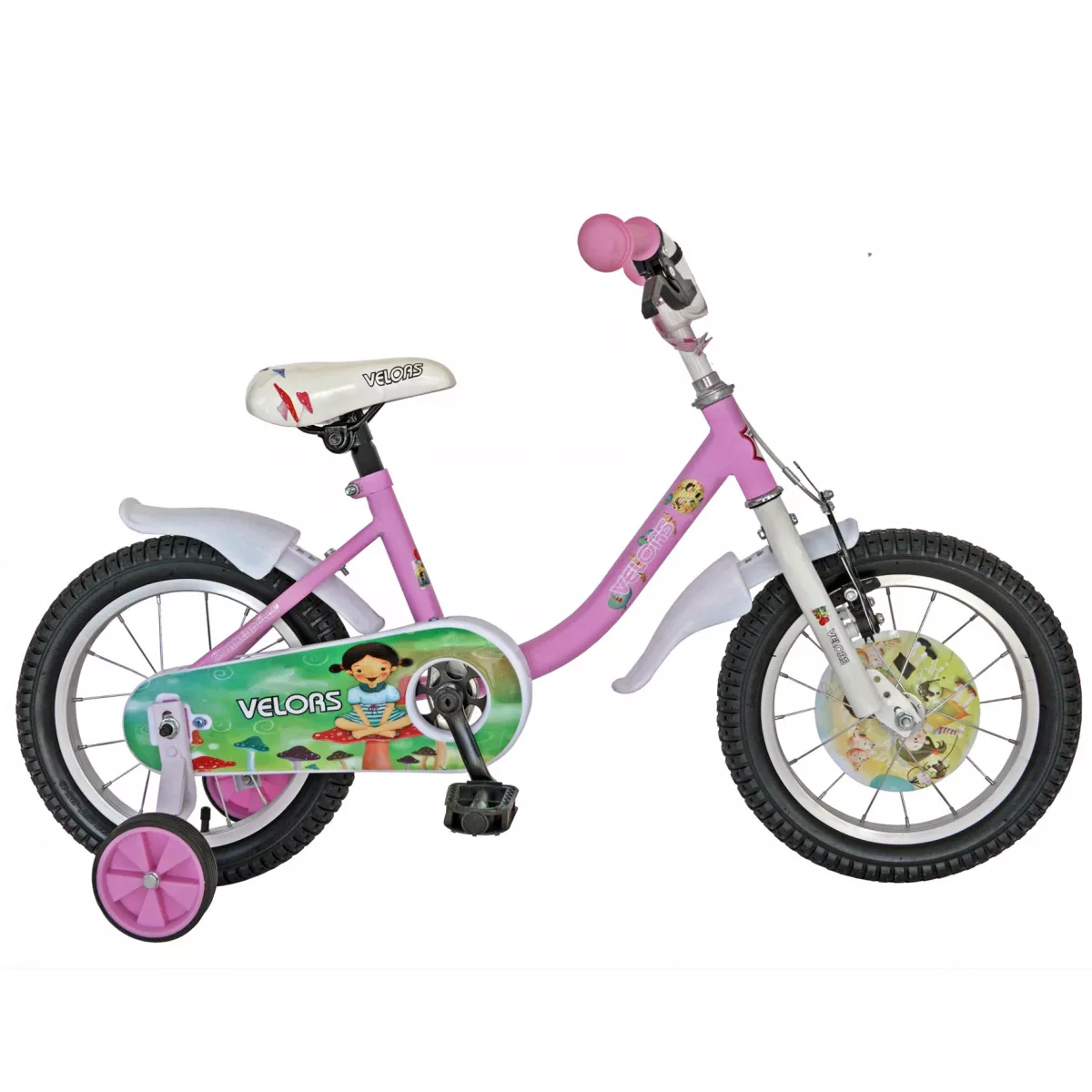 Bicicleta fete VELORS V1402B, roata 14", roti ajutatoare, 3-5 ani, roz/alb
