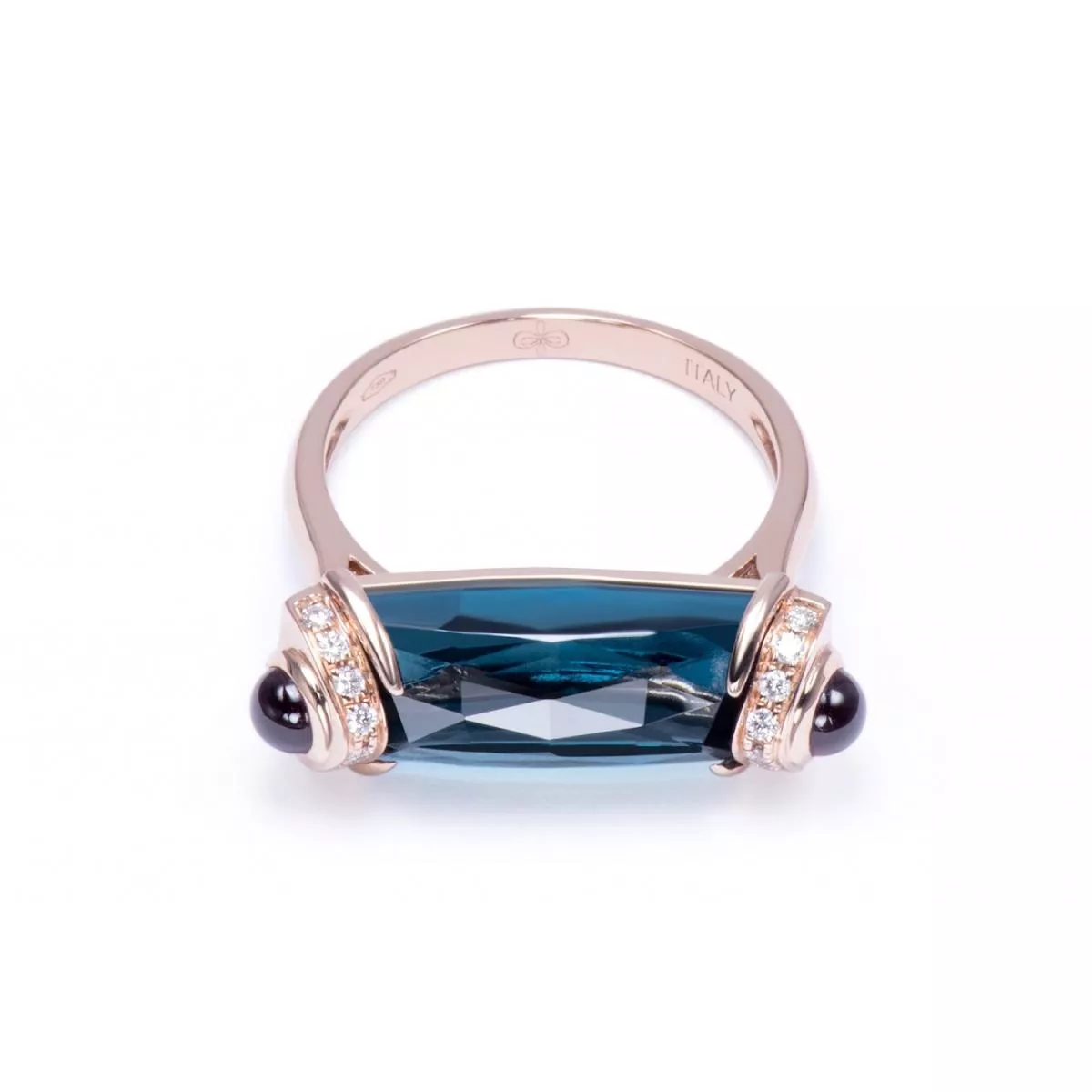Inel World Henri Maillardet cu London topaz, rodolit si diamant, din aur roz de 18K