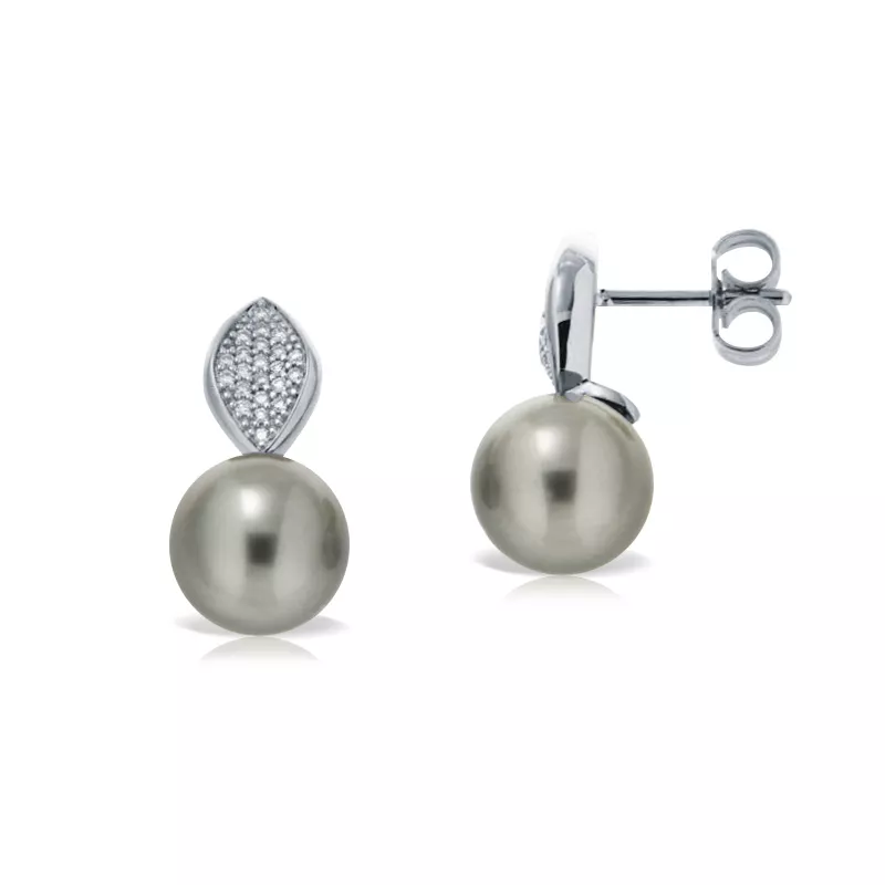 Cercei  Lily cu perla si diamante, din aur alb  de 18K