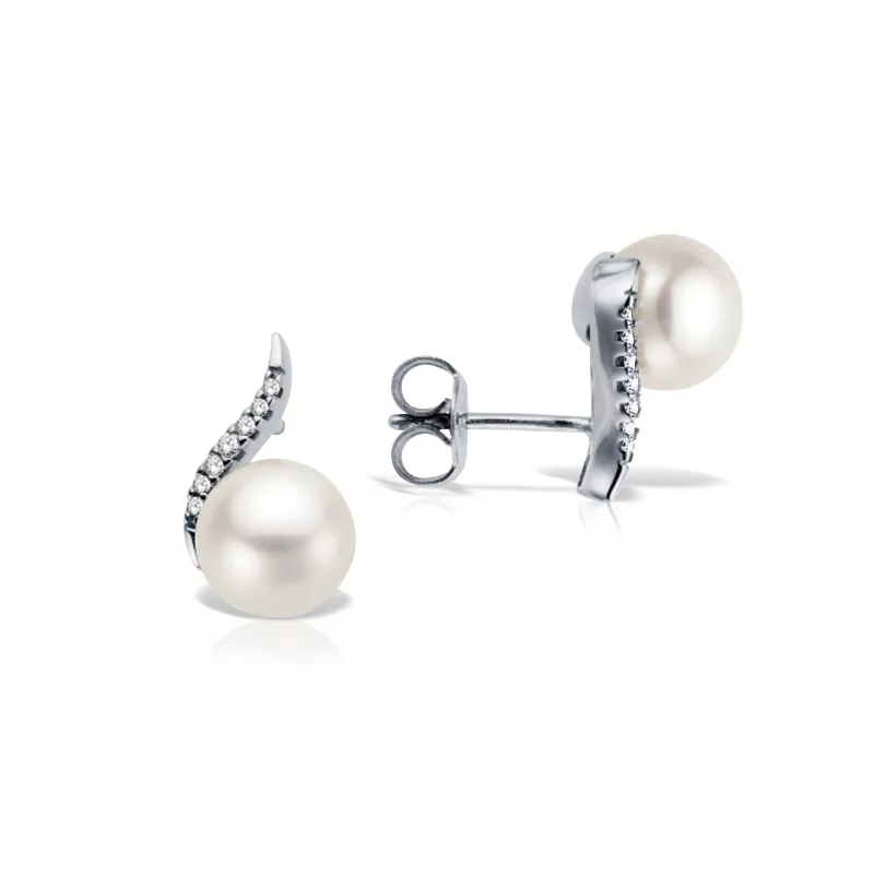 Cercei  Lily cu perla si diamante, din aur alb  de 18K