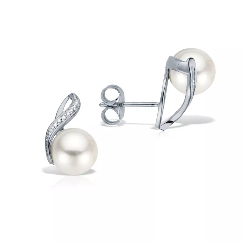 Cercei  Lily cu perla si diamante, din aur alb  de 18K