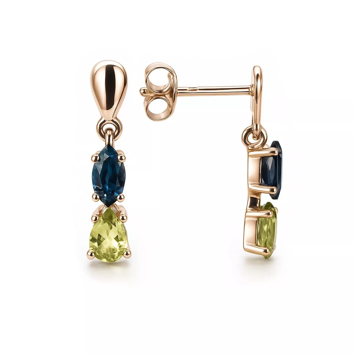 Cercei Eva Nobile cu London topaz si peridot, din aur roz de 14K
