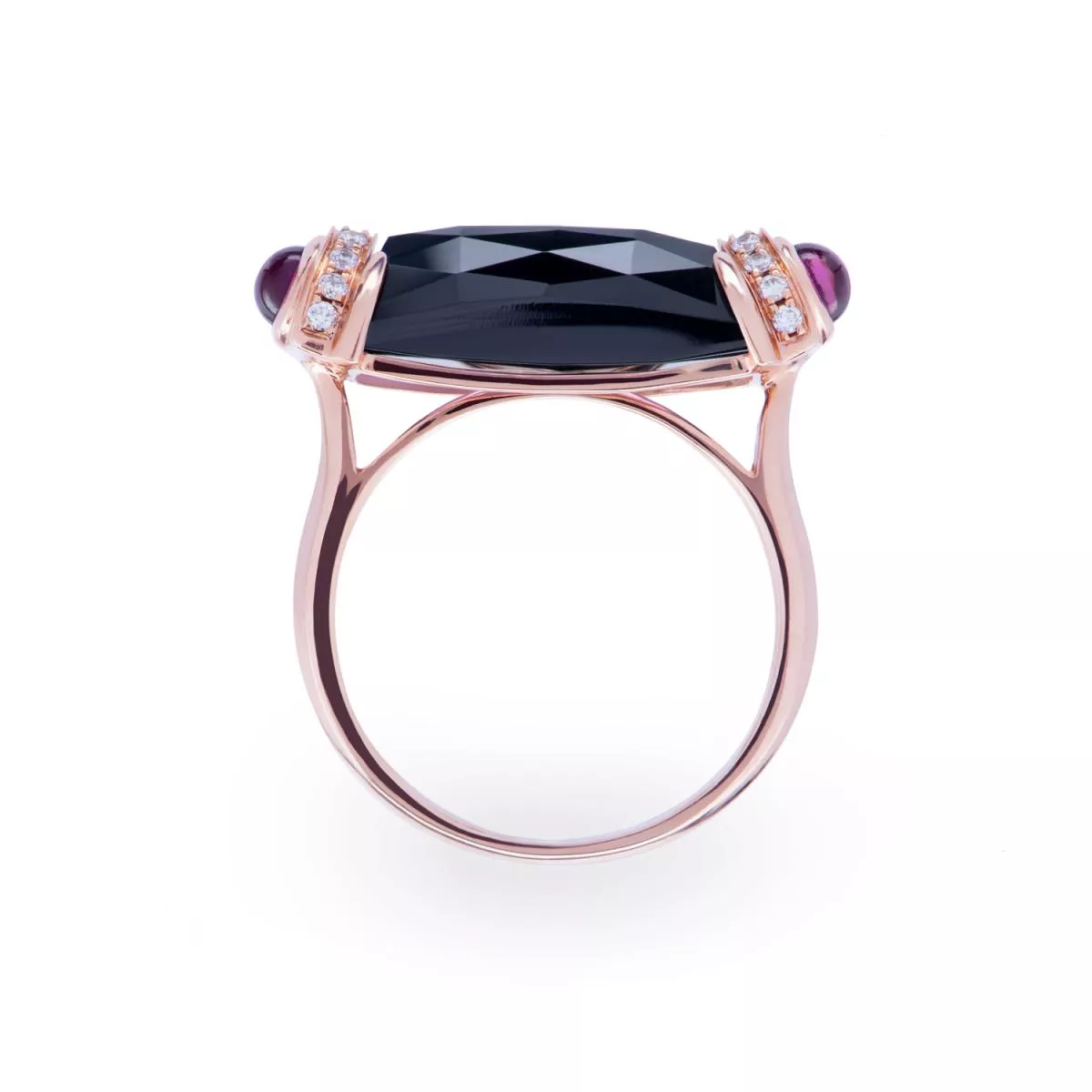 Inel World Henri Maillardet cu onix, rodolit si diamante, din aur roz de 18K