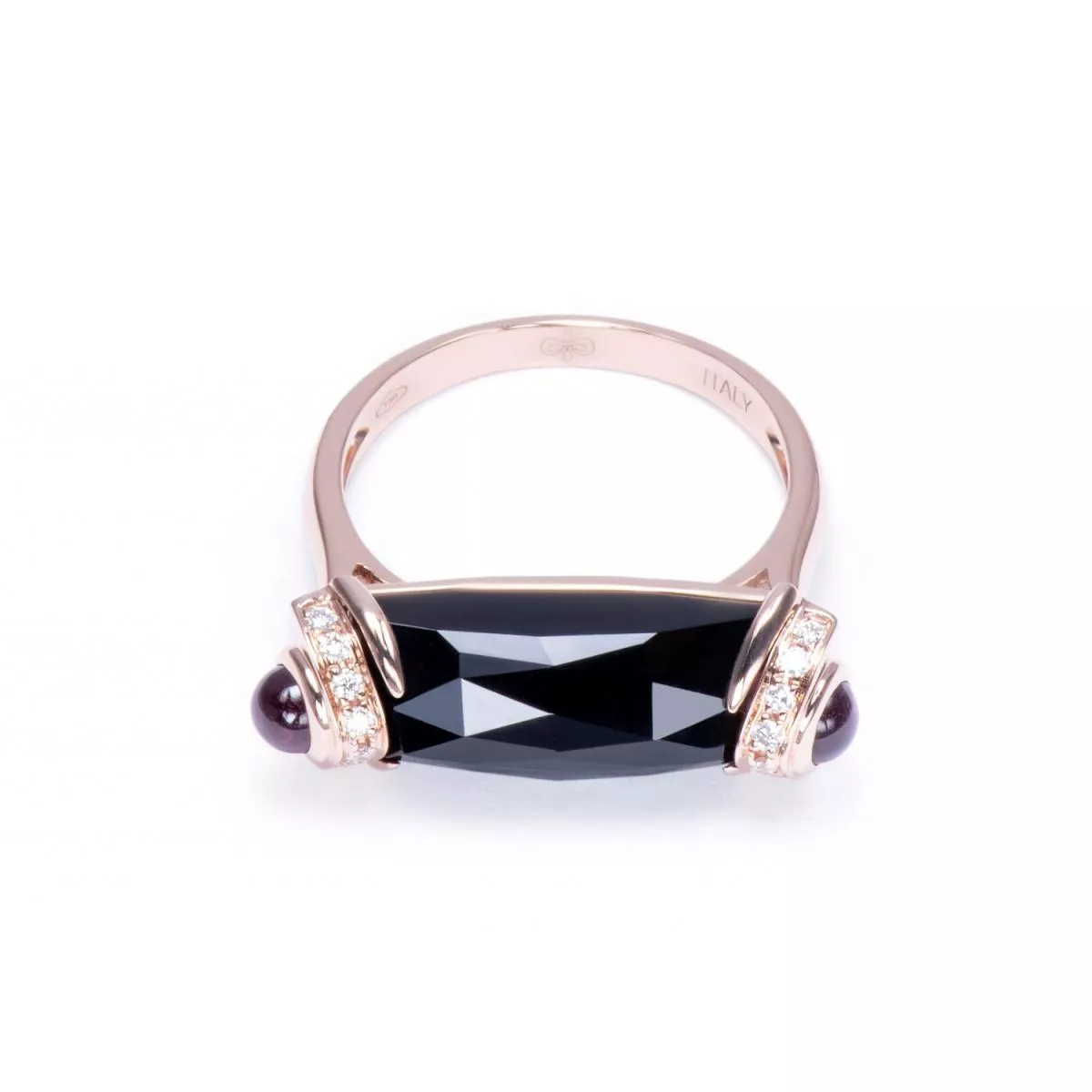Inel World Henri Maillardet cu onix, rodolit si diamante, din aur roz de 18K