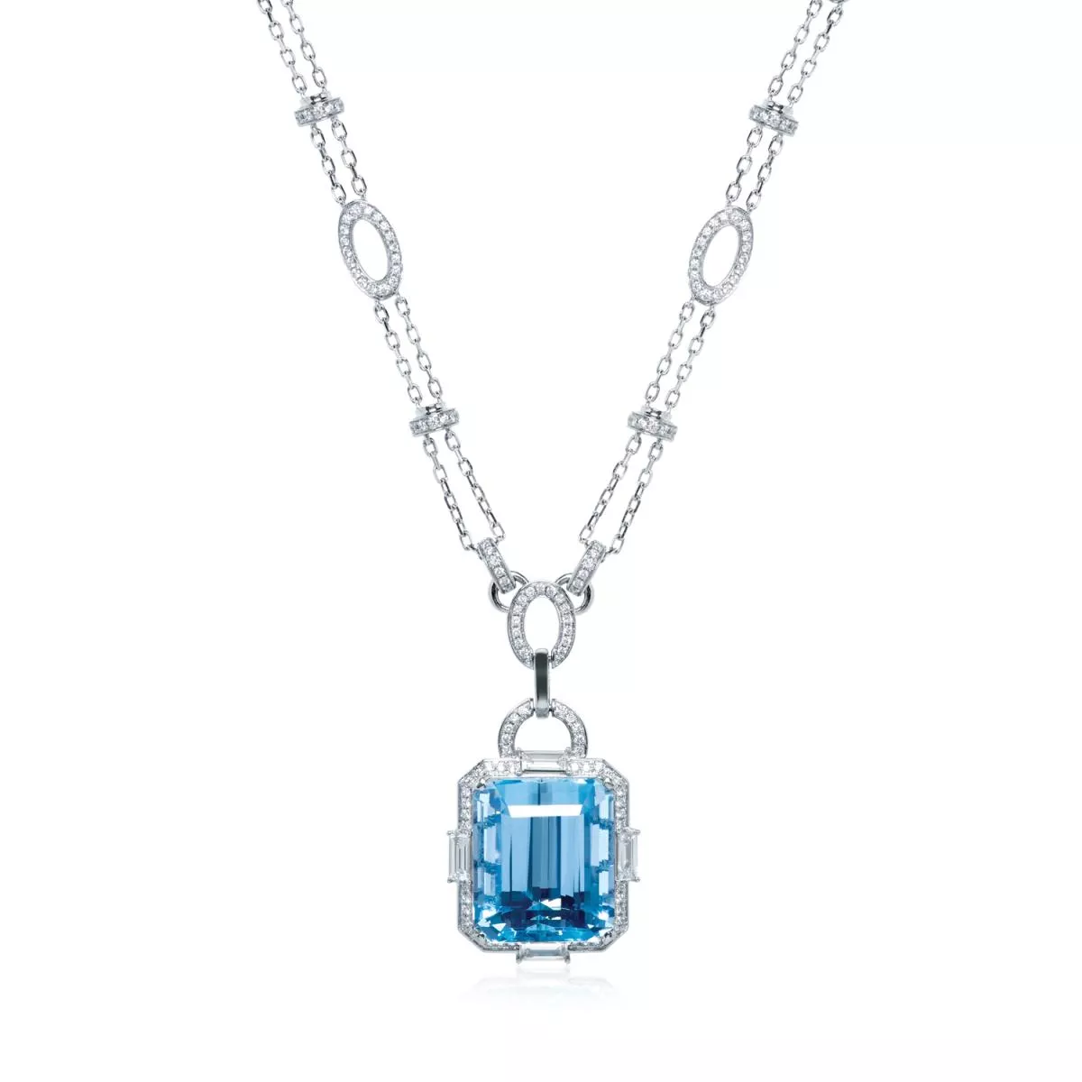 Colier World Henri Maillardet cu aquamarin si diamant, din aur alb de 18K