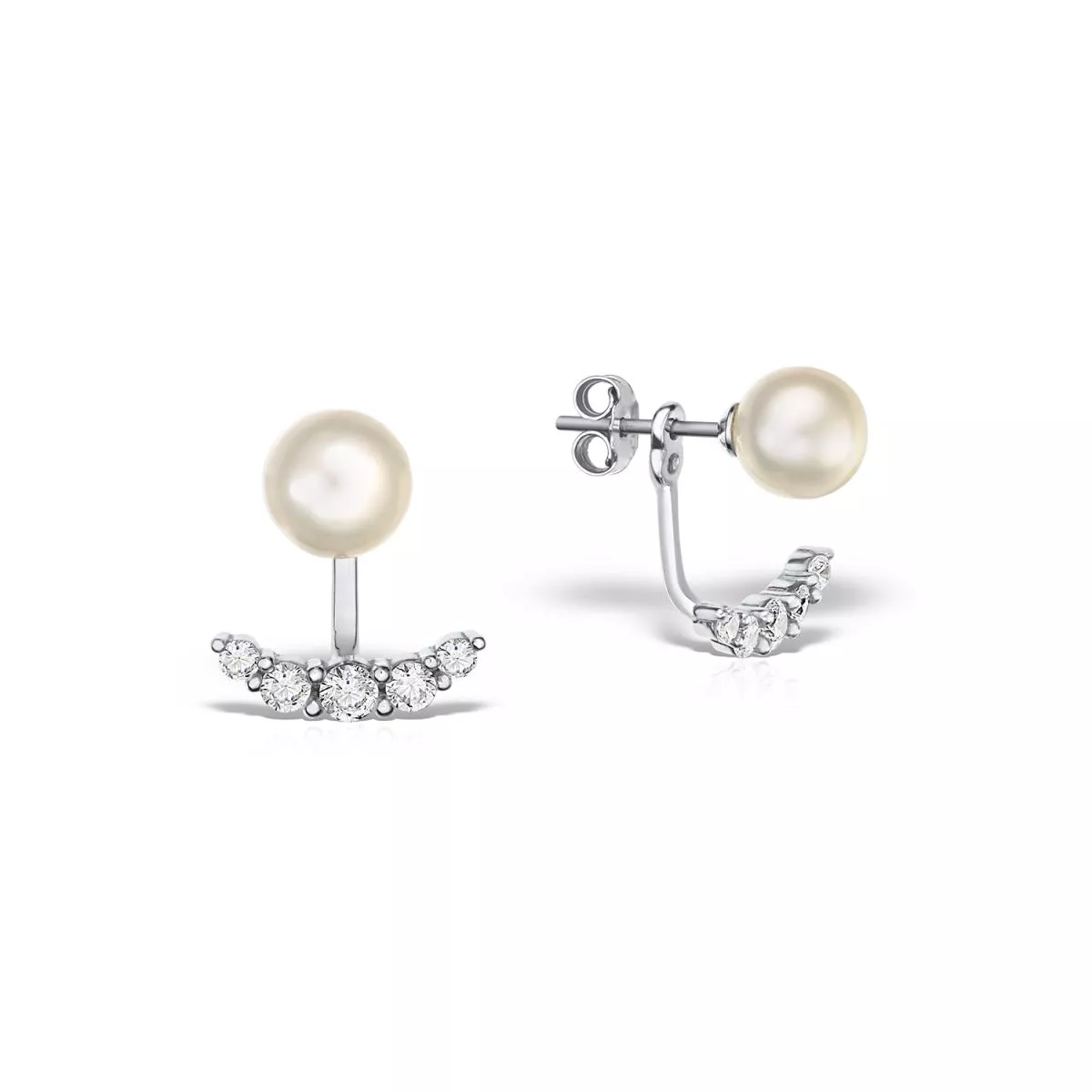 Cercei Lily cu perle si zircon, din aur alb de 18K
