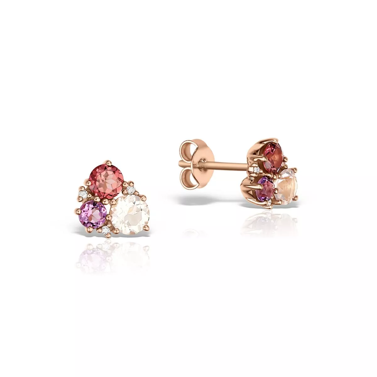 Cercei Maria Granacci cu ametist, rodolit, quartz roz si diamant, din aur roz de 14K