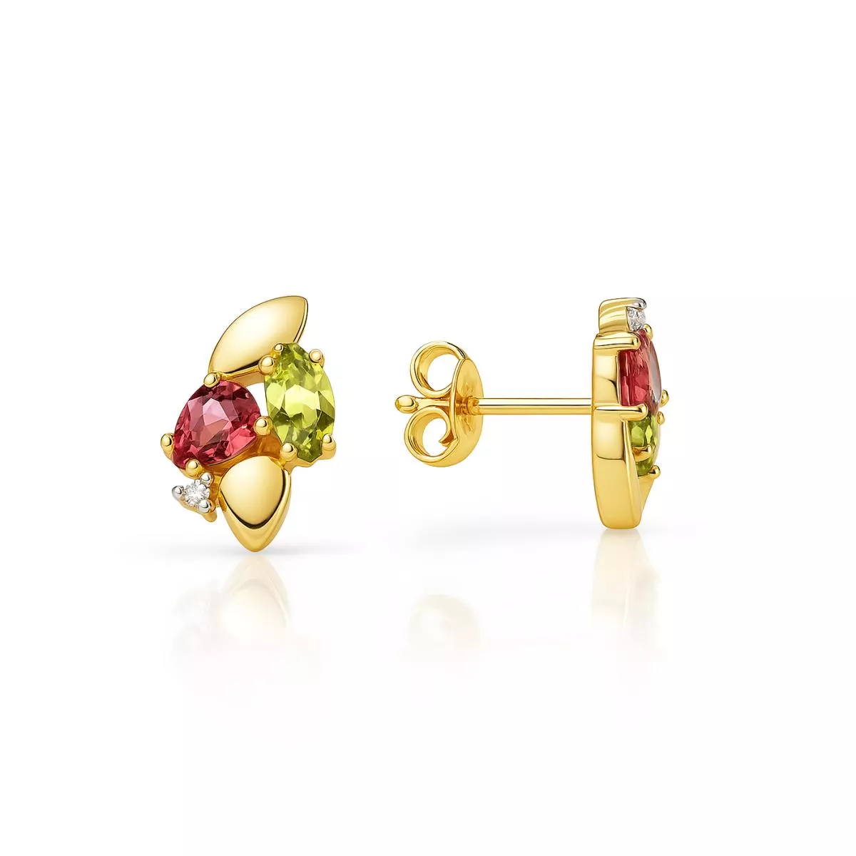 Cercei Maria Granacci cu rodolit, peridot si diamant, din aur galben de 14K