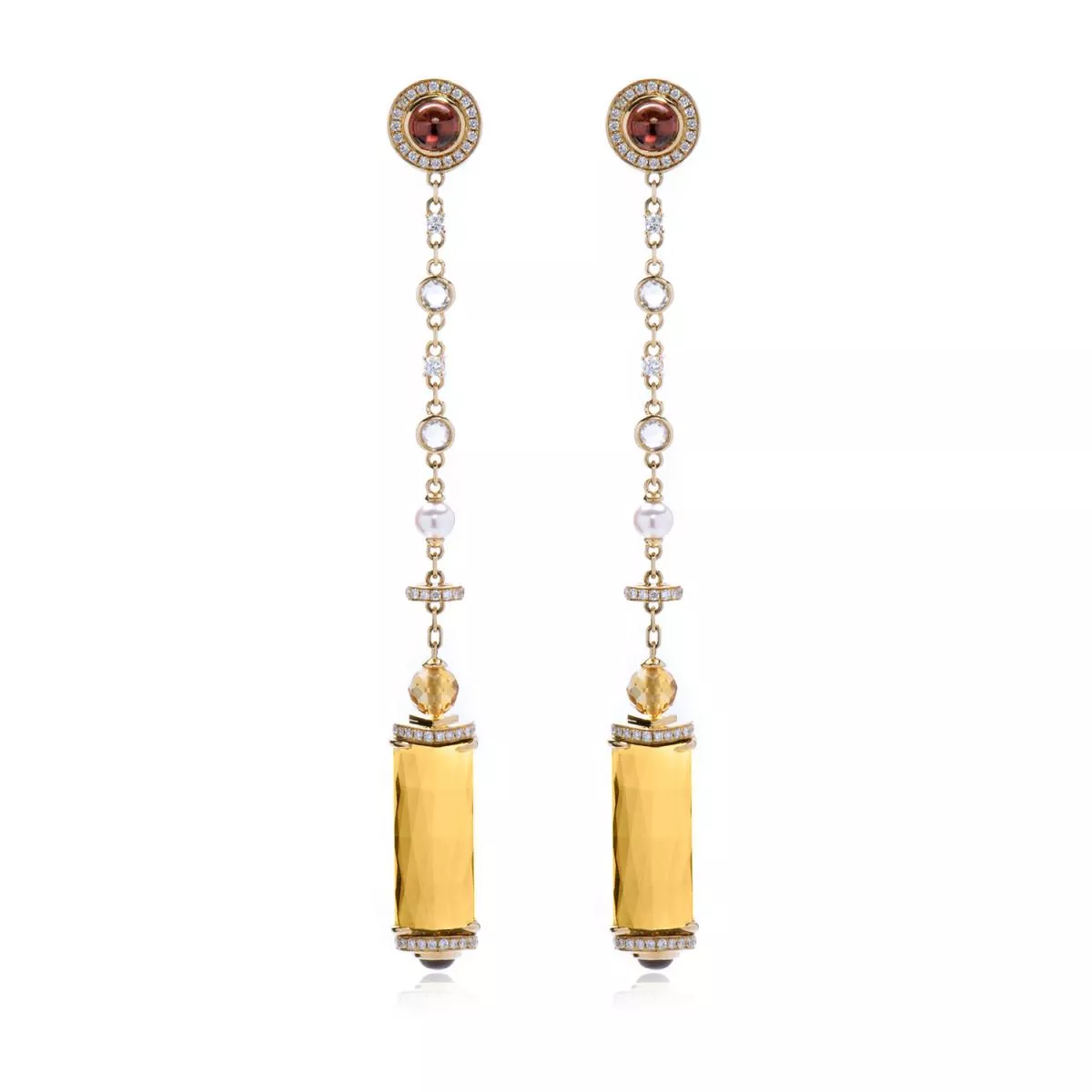 Cercei World Henri Maillardet cu quartz, rodolit, perla si diamant, din aur galben de 18K