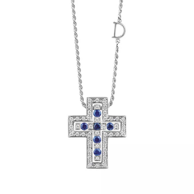 Colier Damiani Belle Epoque cu diamant si safir, din aur alb de 18K
