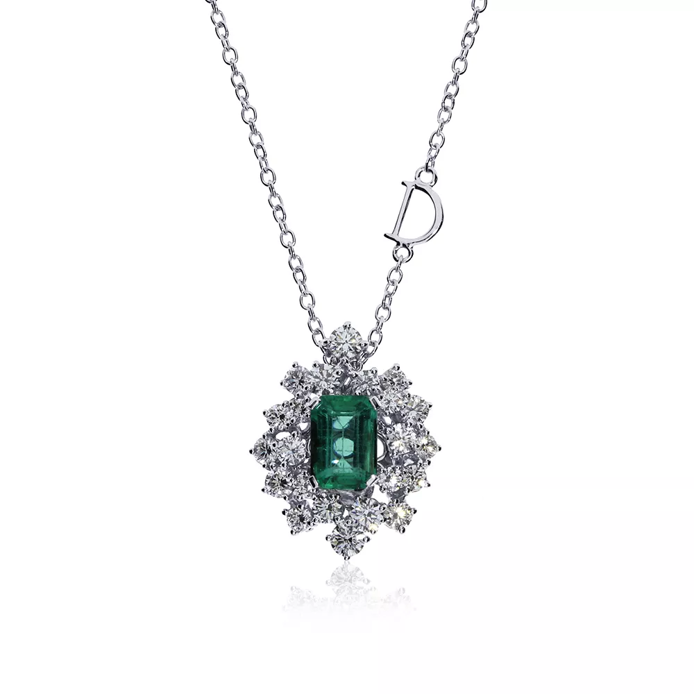 Colier  Damiani Mimosa cu smaralde si diamante, din aur alb  de 18K