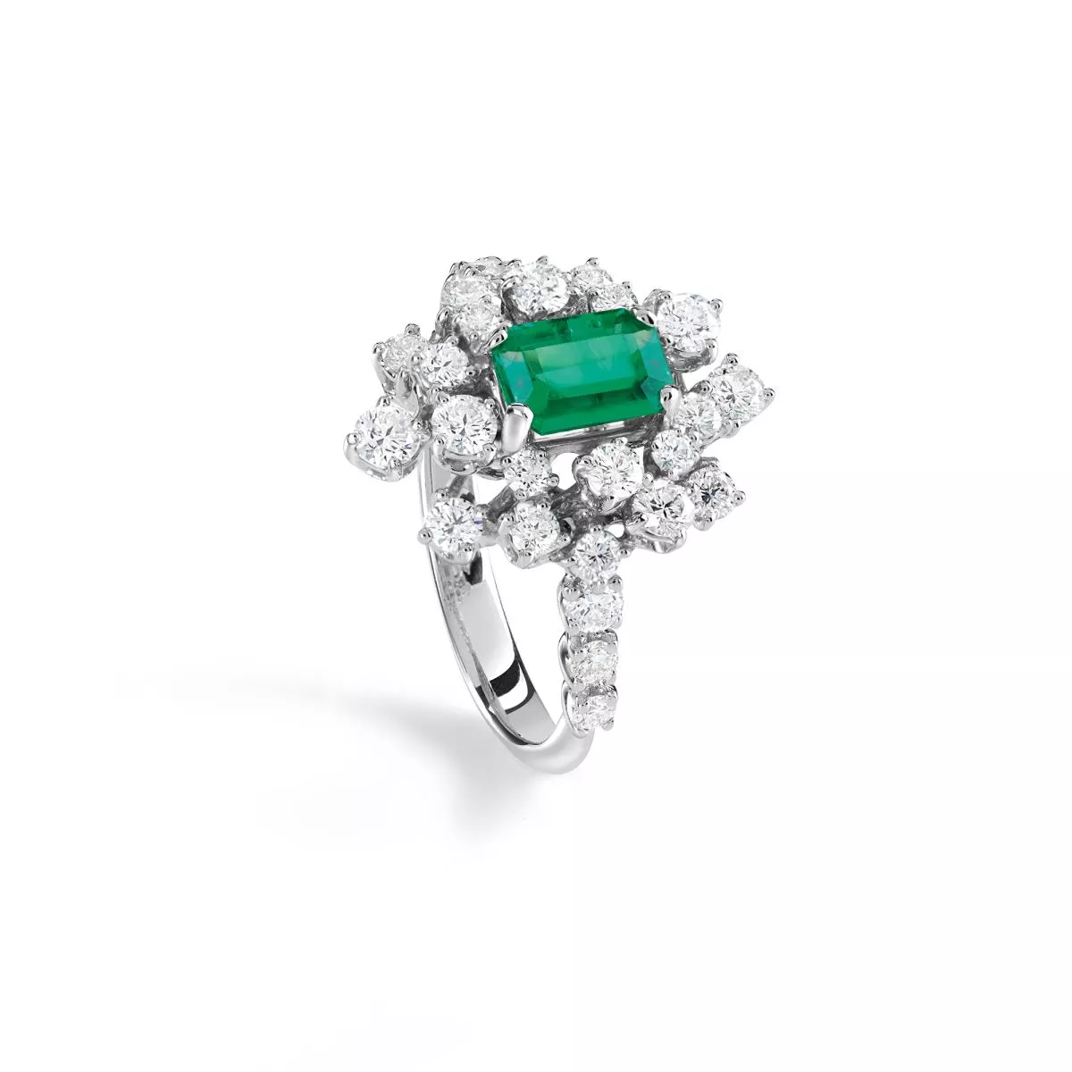 Inel Damiani Mimosa cu smarald si diamant, din aur alb de 18K