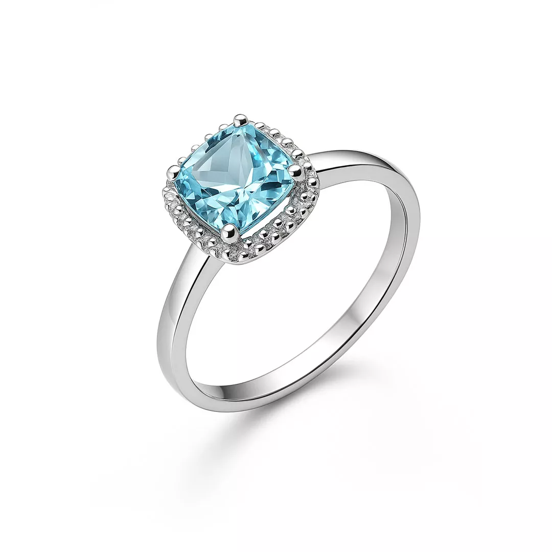 Inel Eva Nobile cu bleu topaz, din aur alb de 14K
