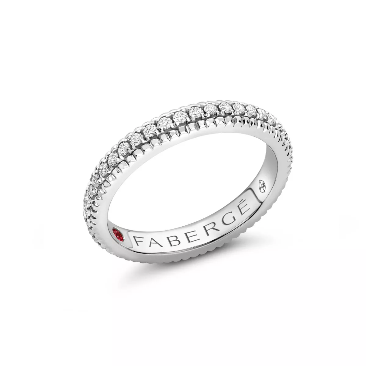 Inel  Faberg&eacute; cu diamante si rubin, din aur alb  de 18K