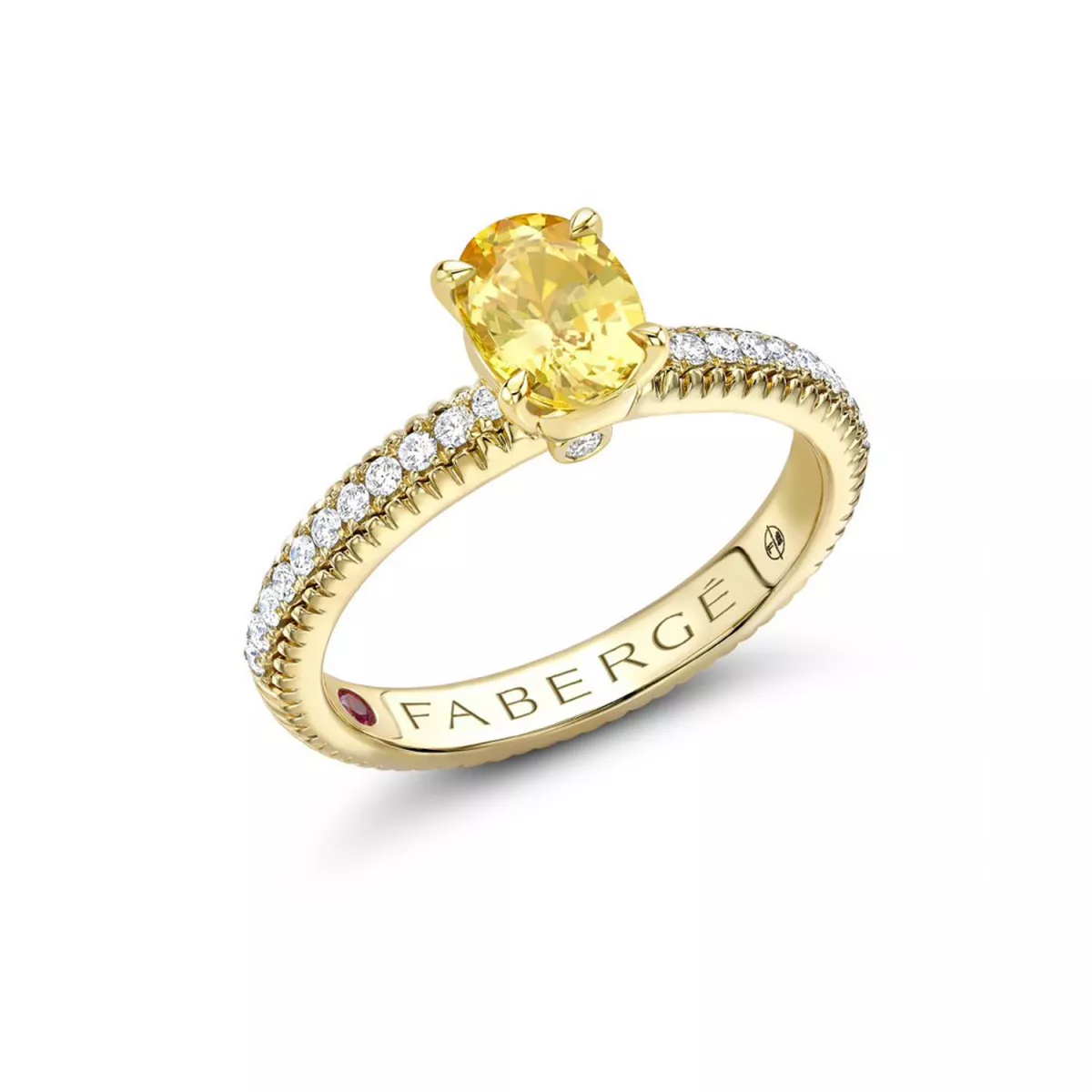 Inel Faberg&eacute; cu safir, diamant si rubin, din aur galben de 18K