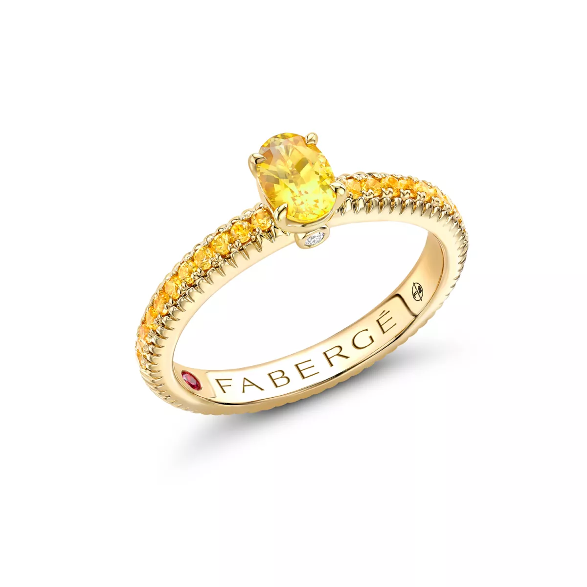 Inel Faberg&eacute; cu safir, diamant si rubin, din aur galben de 18K