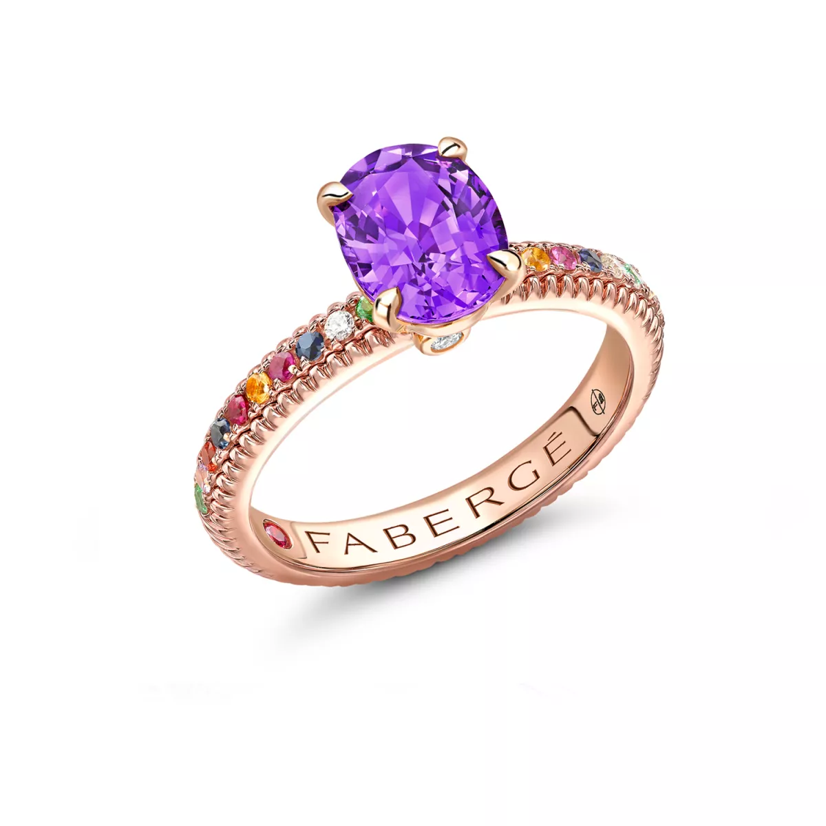 Inel  Faberg&eacute; cu safire diamant, rubin si tsavorit, din aur roz de 18K