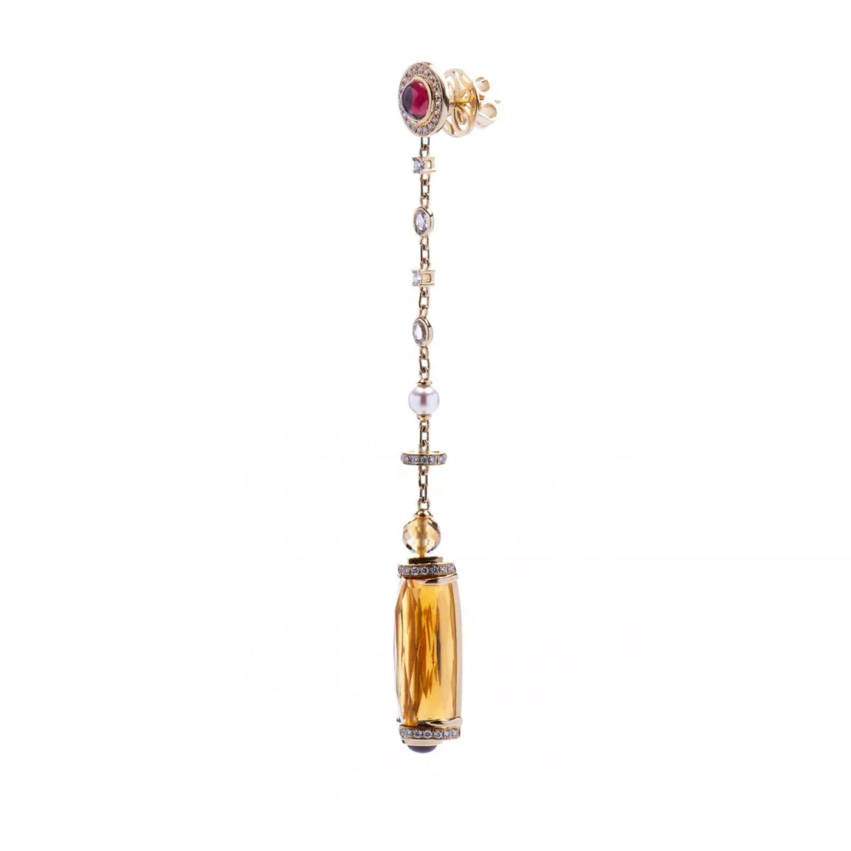 Cercei - Cercei World Henri Maillardet cu quartz, rodolit, perla si diamant, din aur galben de 18K, cellini.ro