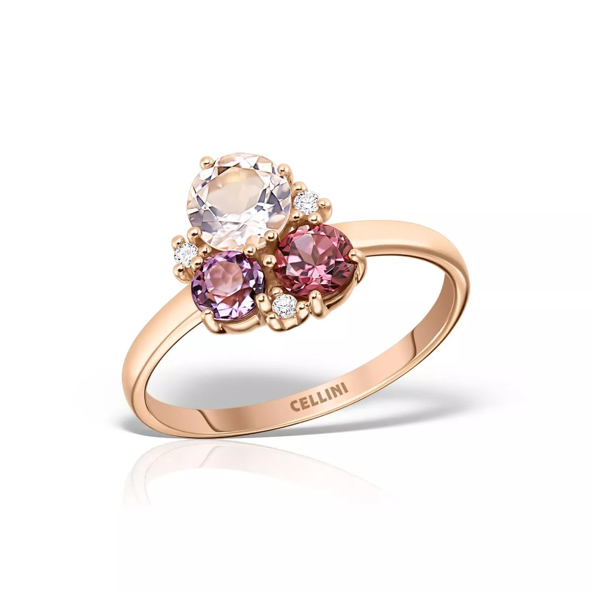 Inel Maria Granacci cu ametist, rodolit, quartz roz si diamant, din aur roz de 14K
