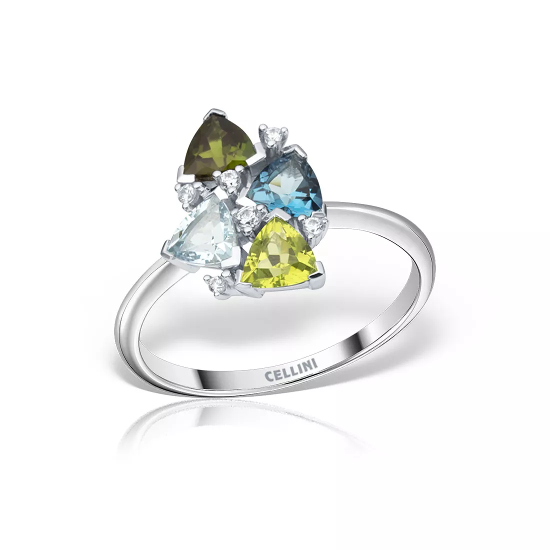 Inel  Maria Granacci cu peridot, topaz, turmalina, din aur alb  de 18K
