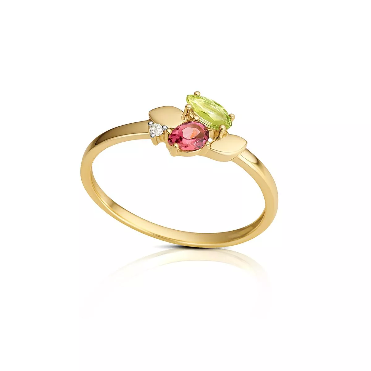 Inel Maria Granacci cu rodolit, peridot si diamant, din aur galben de 14K