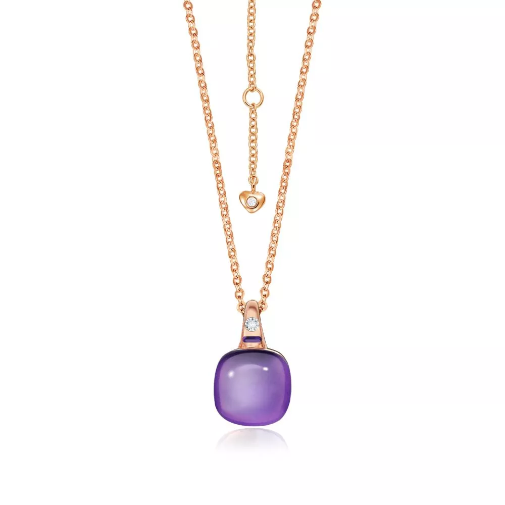 Lant cu pandantiv  Colors of Joy cu ametist si diamante, din aur roz de 18K