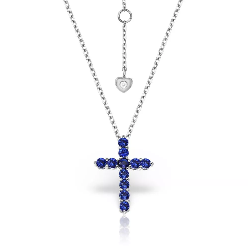 Lant cu pandantiv Cruce Evangeline cu safire si diamante, din aur alb  de 18K