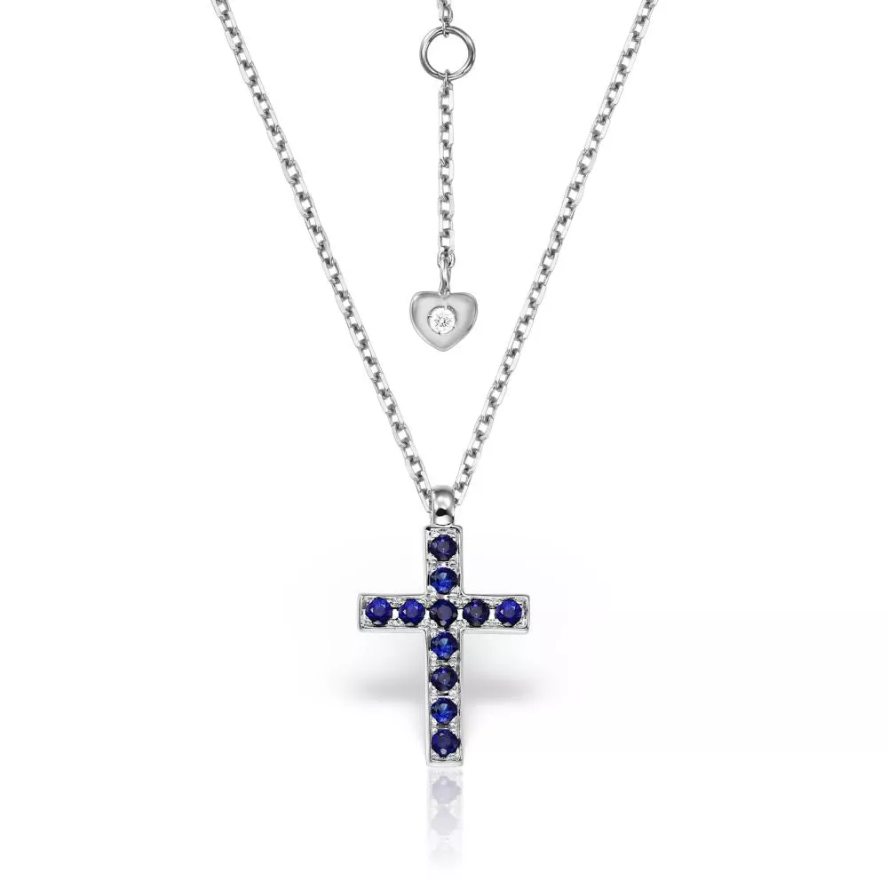 Lant cu pandantiv Cruce Evangeline cu safire si diamante, din aur alb  de 18K