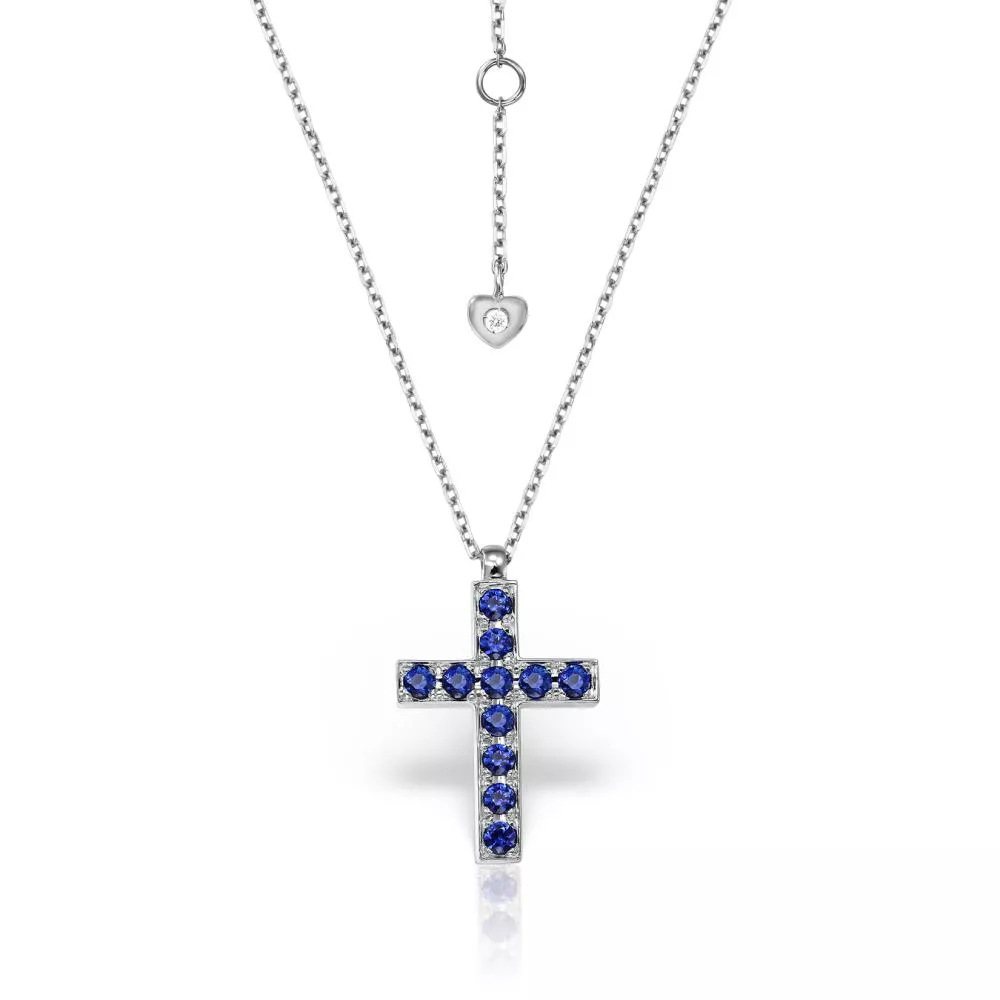 Lant cu pandantiv Cruce Evangeline cu safire si diamante, din aur alb  de 18K