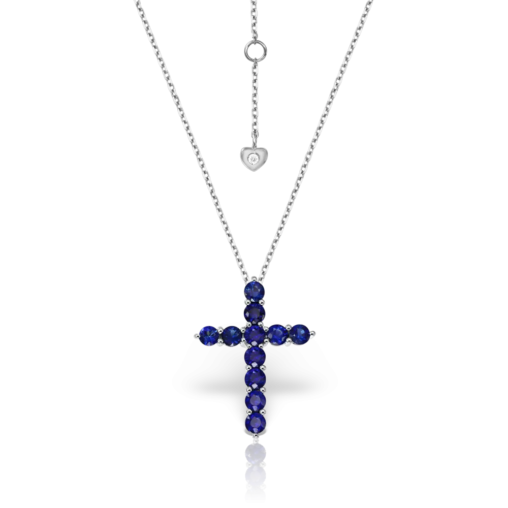 Lant cu pandantiv Cruce Evangeline cu safire si diamante, din aur alb  de 18K