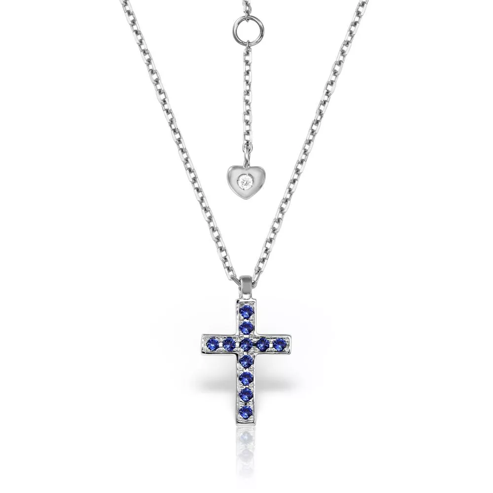 Lant cu pandantiv Cruce Evangeline cu safire si diamante, din aur alb  de 18K