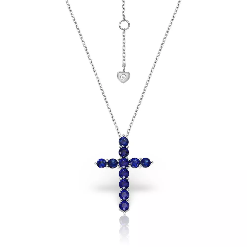 Lant cu pandantiv Cruce Evangeline cu safire si diamante, din aur alb  de 18K