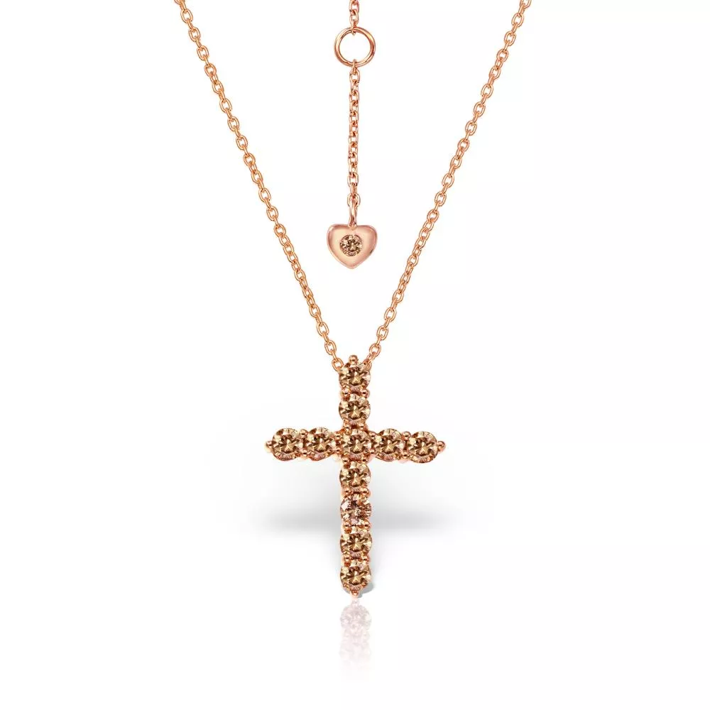 Lant cu pandantiv Cruce Evangeline cu diamante si diamante, din aur roz de 18K